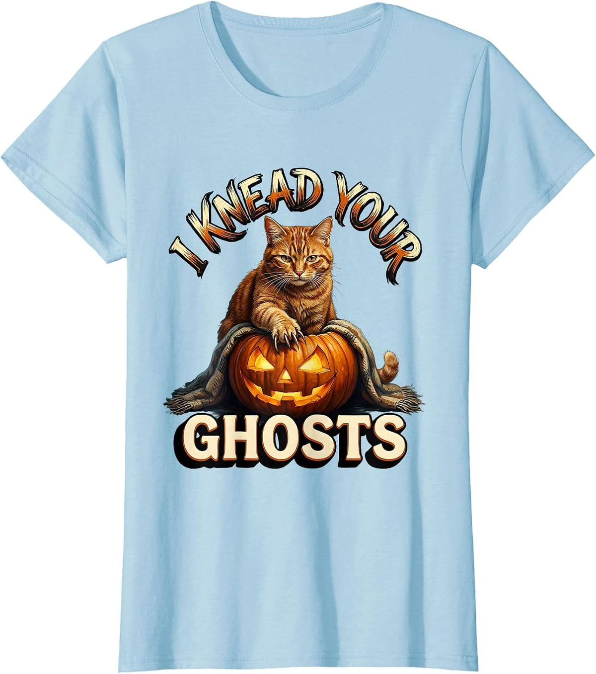 Women's I Knead Your Ghosts Cute Halloween Cat Pumpkin Sign Painter T-Shirt - Baby Blue