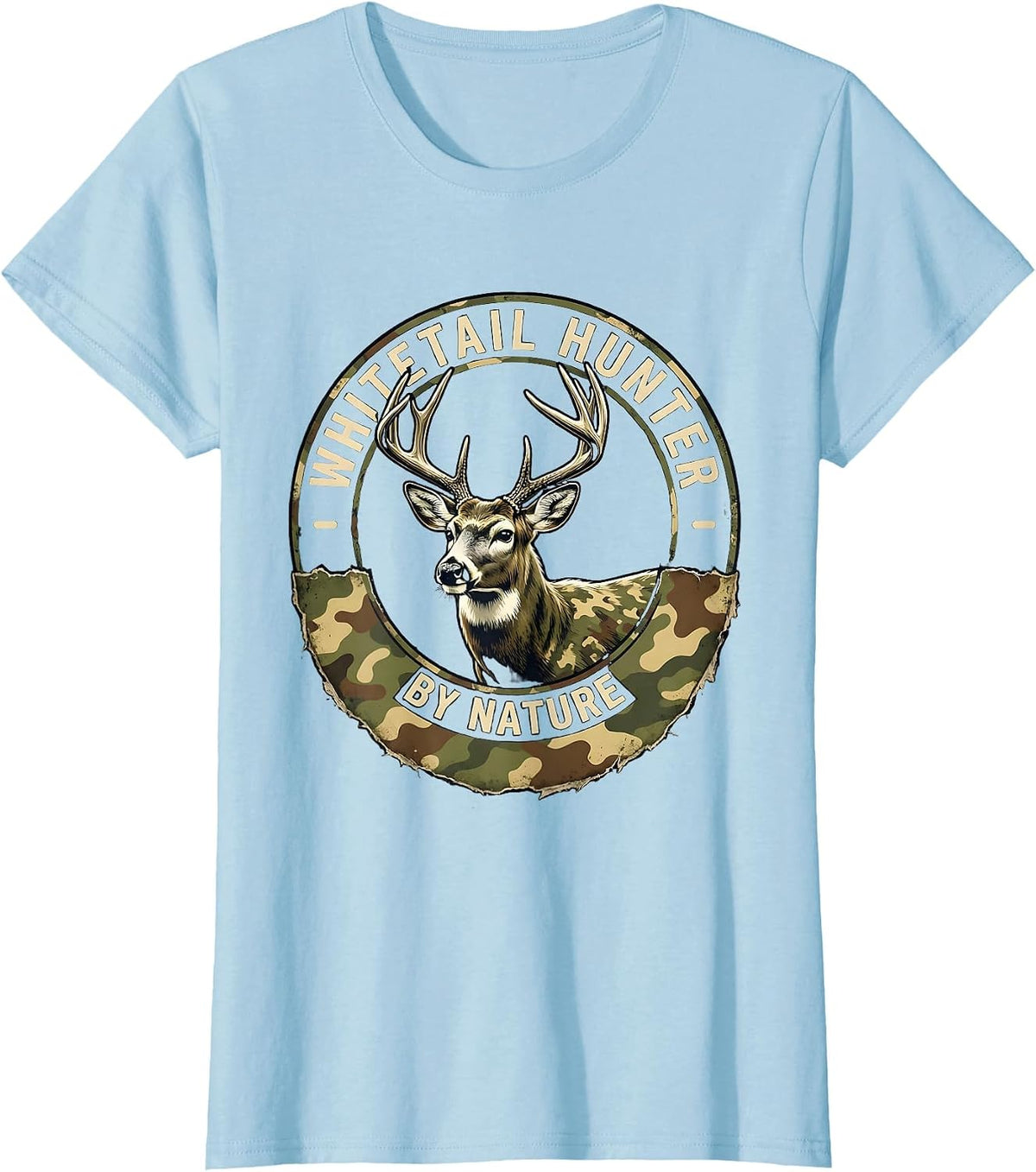 Whitetail Hunter By Nature Distressed Camo Dad Humor T-Shirt - Baby Blue