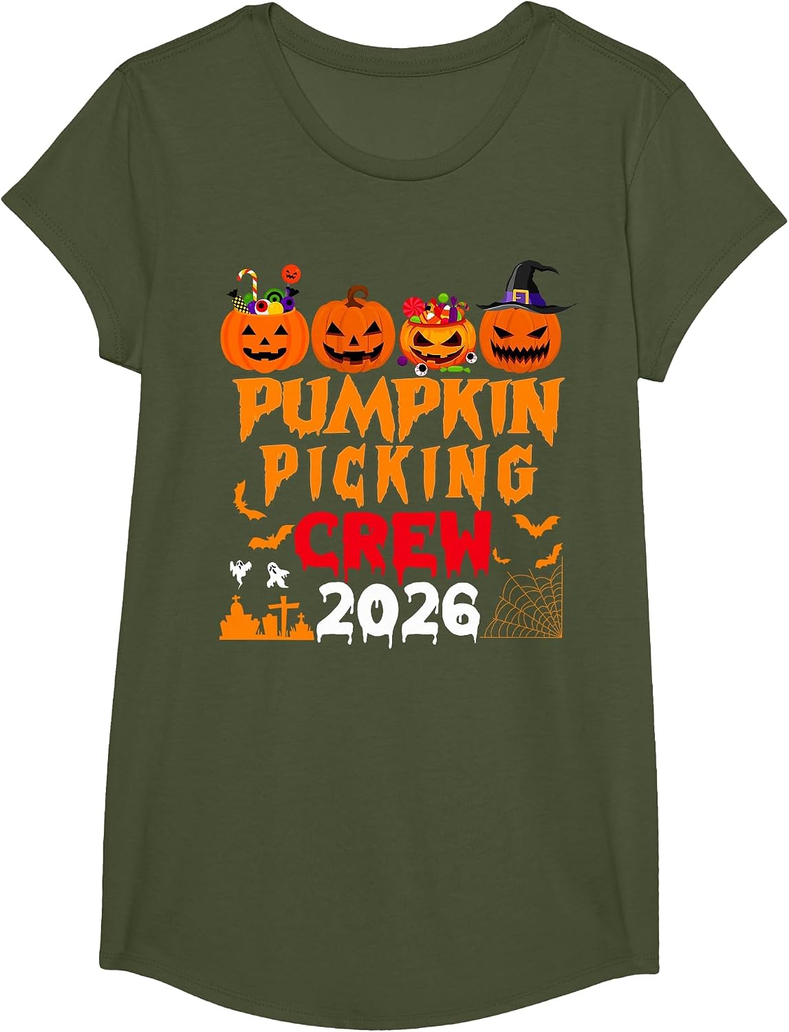 Retro Pumpkin Picking Crew Halloween 2026 Matching Group T-Shirt - Girls Olive Green