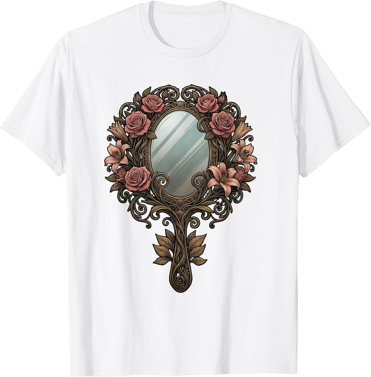 Men's Gigi Ornate Floral Hand Mirror Illustration T-Shirt - White