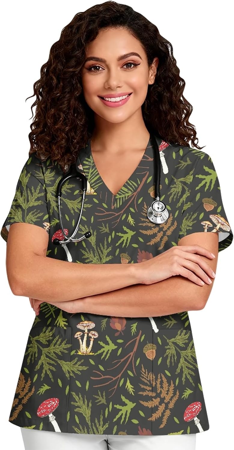 Dellukee Women's Scrub Top Medical Nursing Shirts with Pockets Soft Lightweight Work Tops, Short Sleeve, V-Neck, S-5XL -