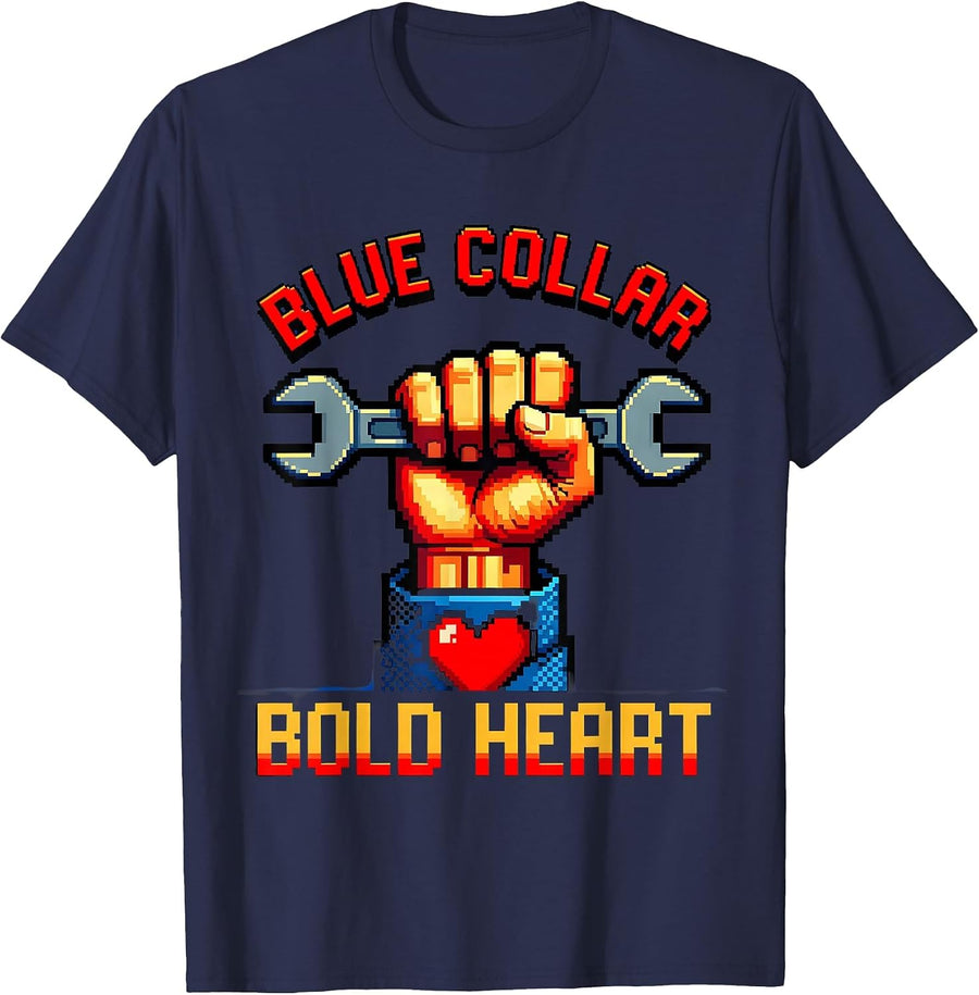 Blue Collar Bold Heart Labor Day Graphic Design T-Shirt - Navy Blue