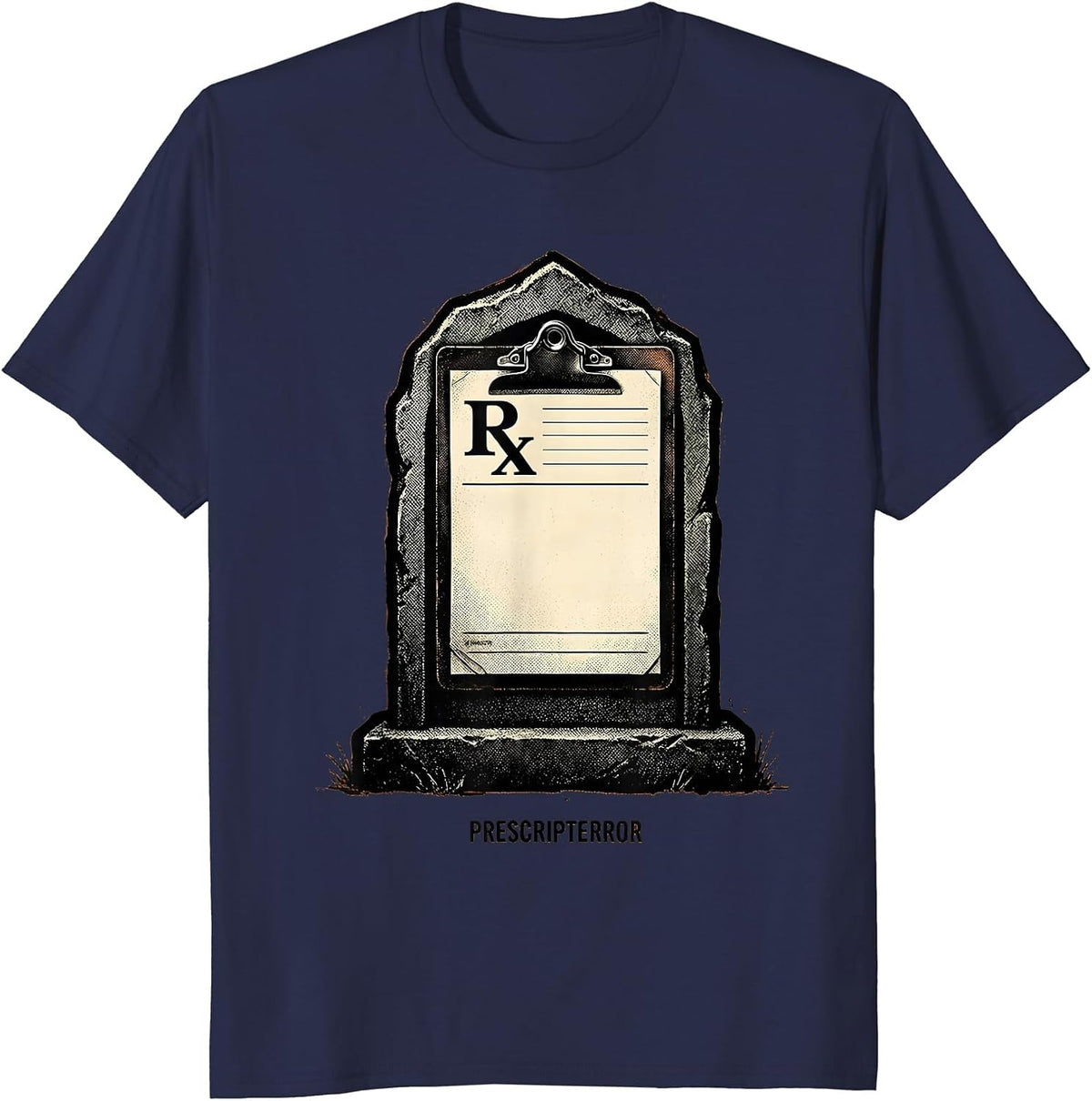 Men's Prescripterror Funny Pharmacy Halloween Pharmacist Tech Crew T-Shirt - Navy Blue