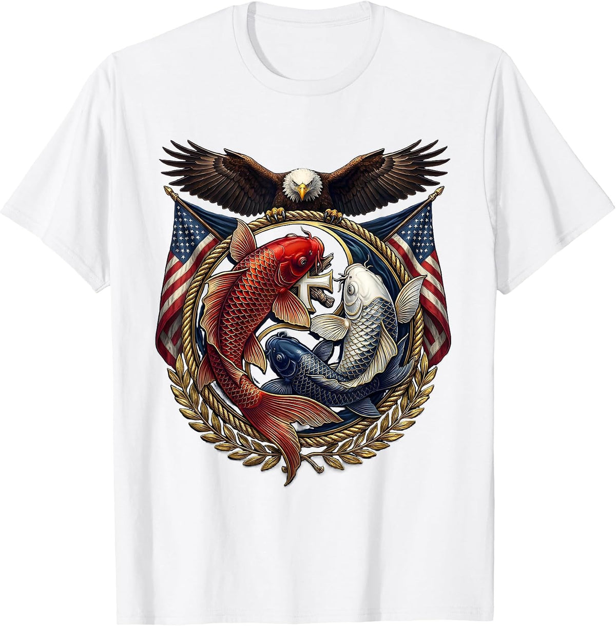 Men's Red White and Blue Koi Fish Swirl Graphic T-Shirt - White