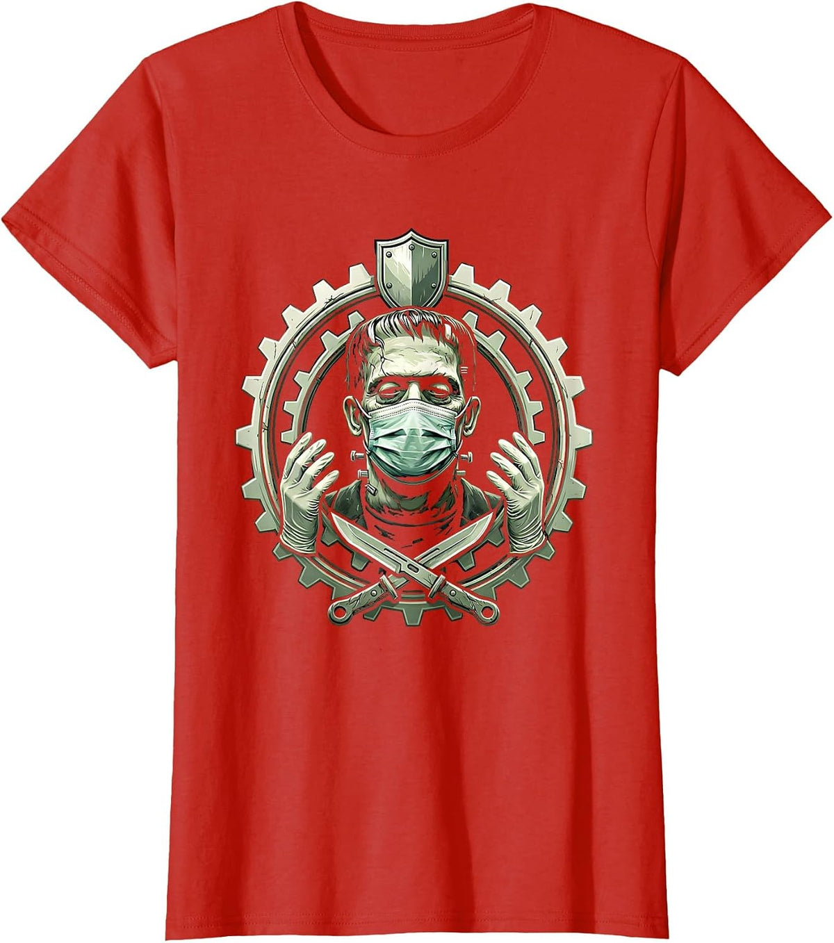 Nurse Halloween Frankenstein Monster Surgical Mask T-Shirt - Red