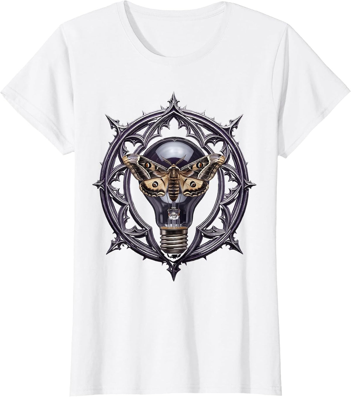 Grunge Moth and Bare Lightbulb Illustration T-Shirt - White