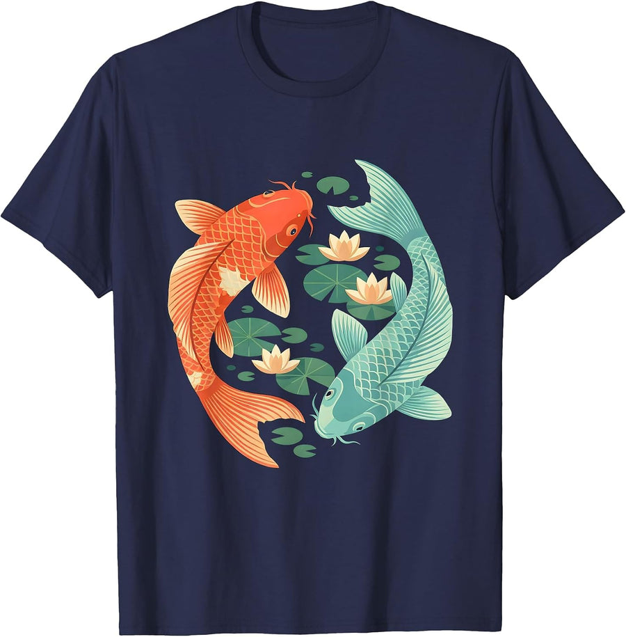 Koi Fish Yin Yang Pond Circle Graphic T-Shirt - Navy Blue
