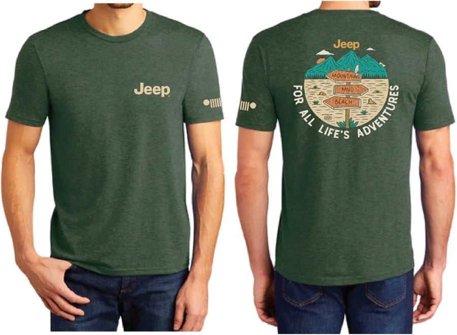 Jeep for All Life's Adventures Logo Signposts T-Shirt Supersoft Cotton/Polyester Blend/Heather Forest Green - Heather Forest