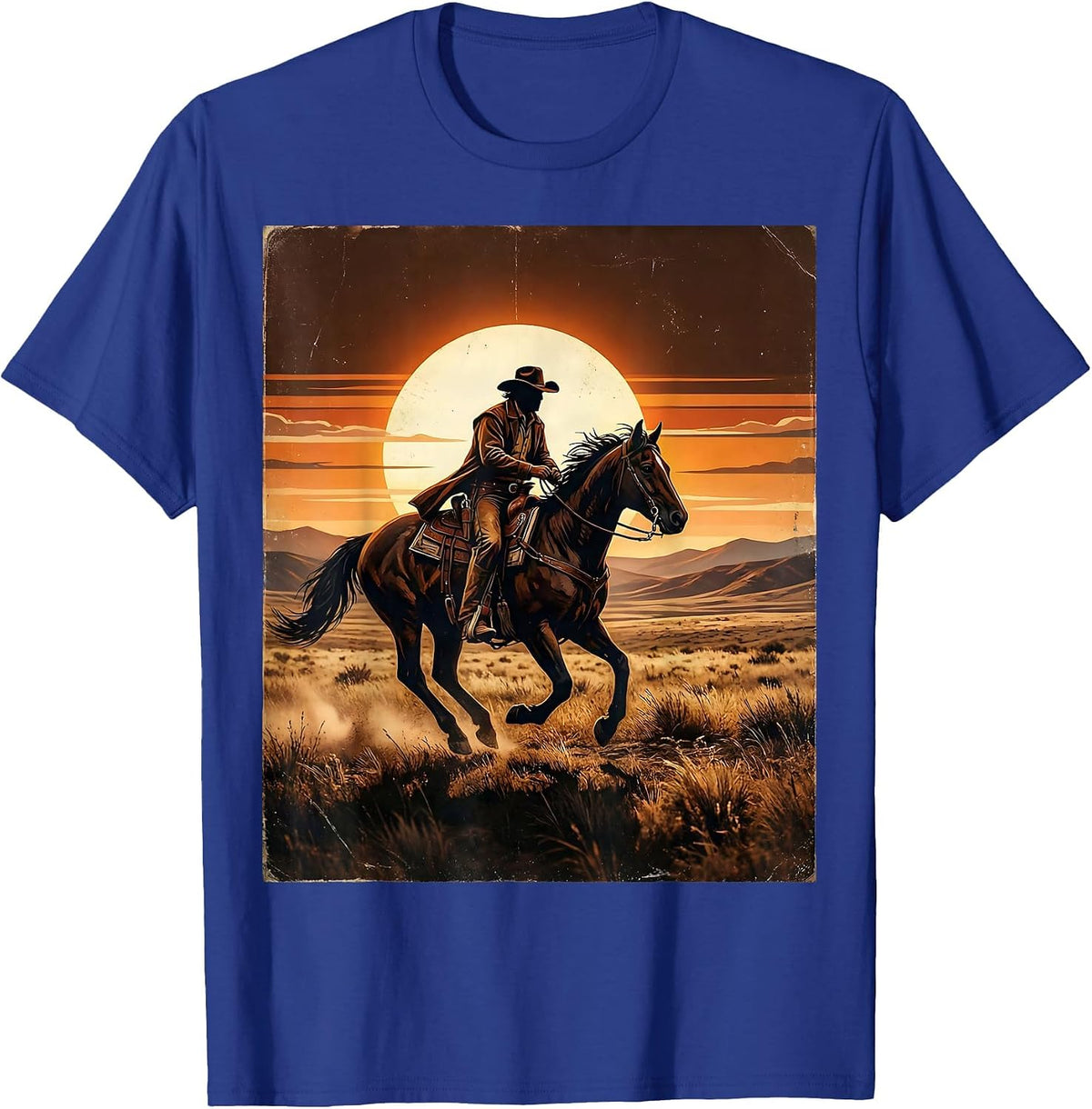 Lone Rider Horseback Sunset Freedom Graphic T-Shirt - Royal Blue