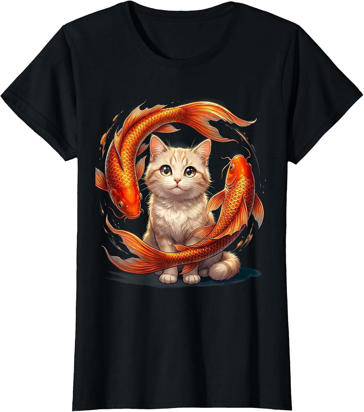 Cat and Koi Fish Zen Nature Illustration T-Shirt - Black