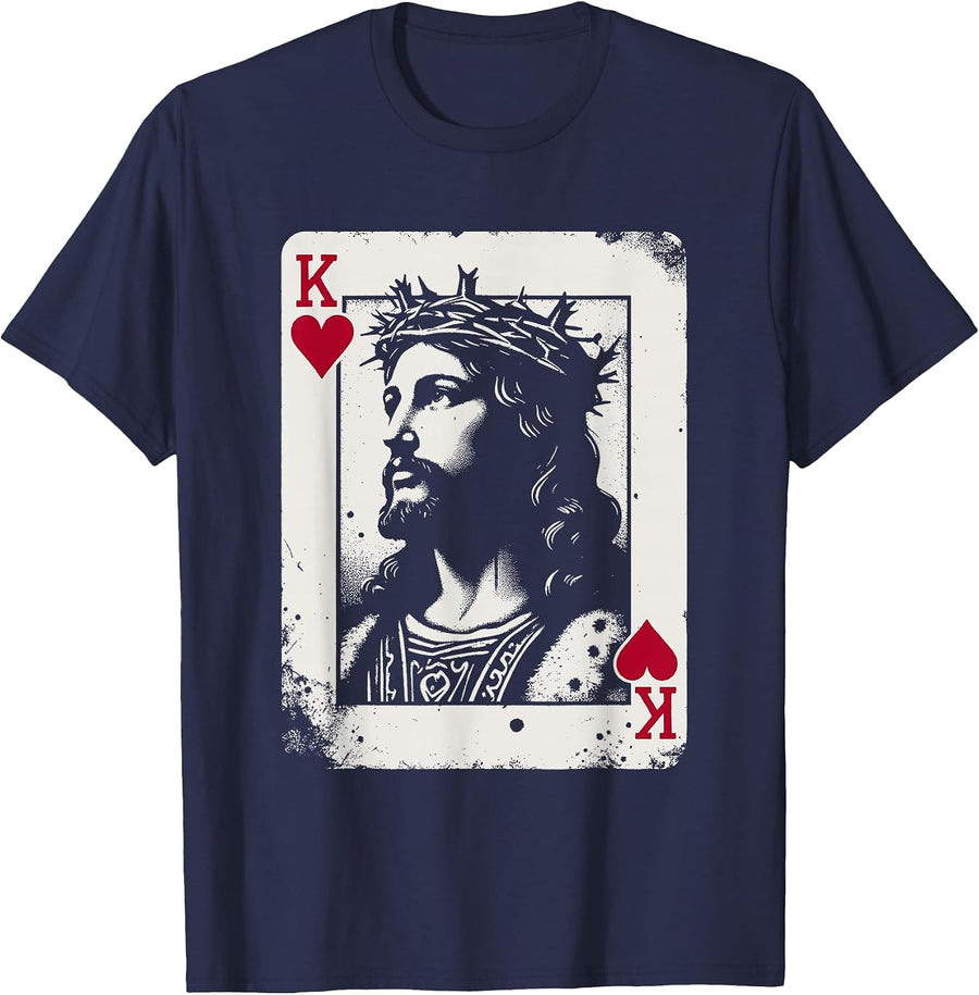 Jesus King of Hearts - Vintage Religious Card Game Lover T-Shirt - Navy Blue