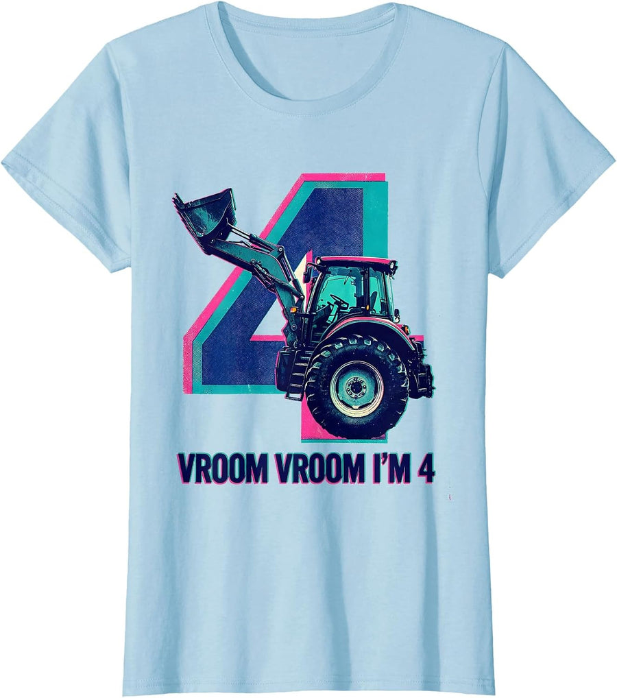 Women's Vroom Vroom I'm 4 Risograph Toddler Birthday Vehicle Lover T-Shirt - Baby Blue