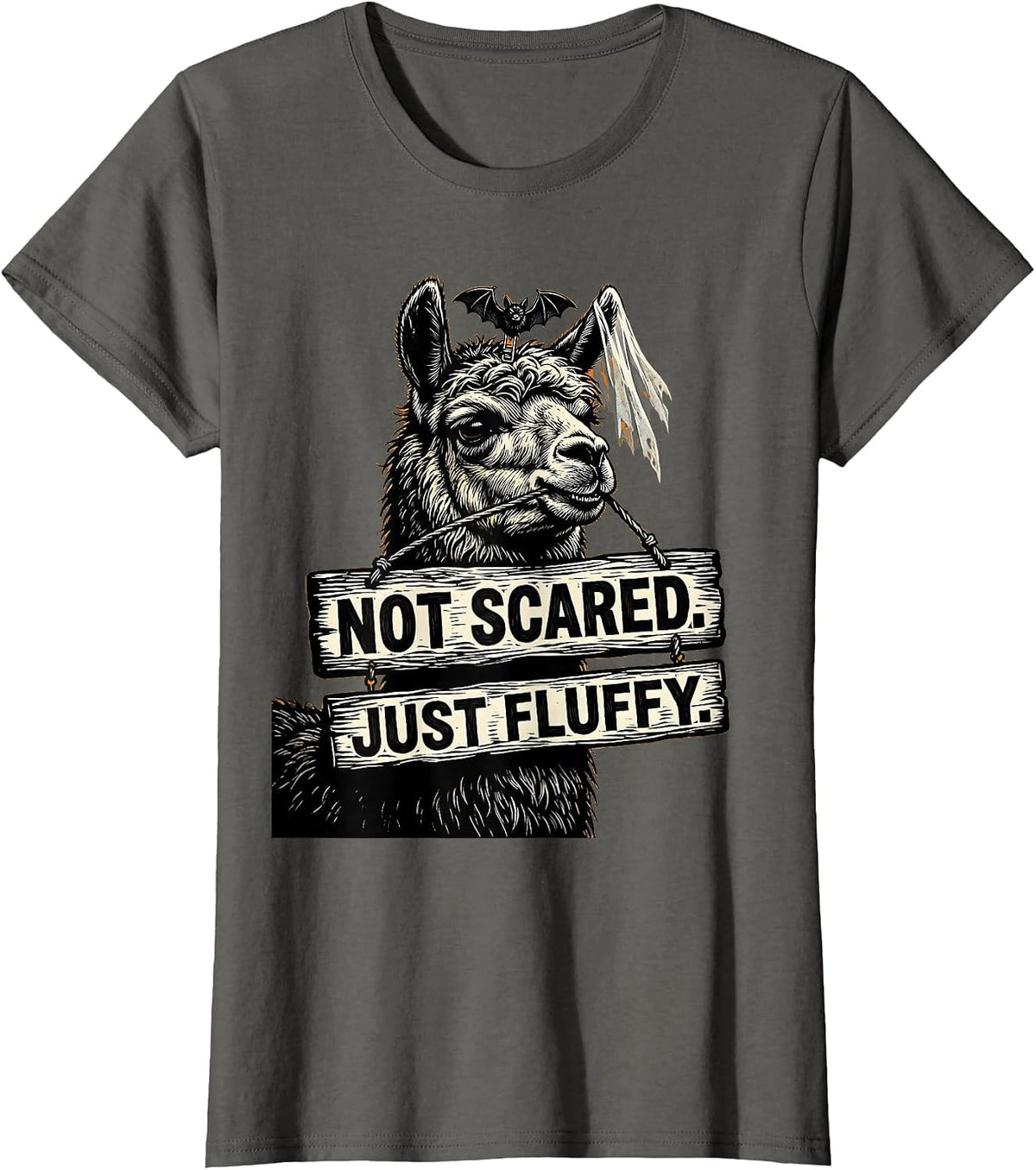 Women's Not Scared Just Fluffy Linocut Funny Llama Halloween T-Shirt - Asphalt Grey