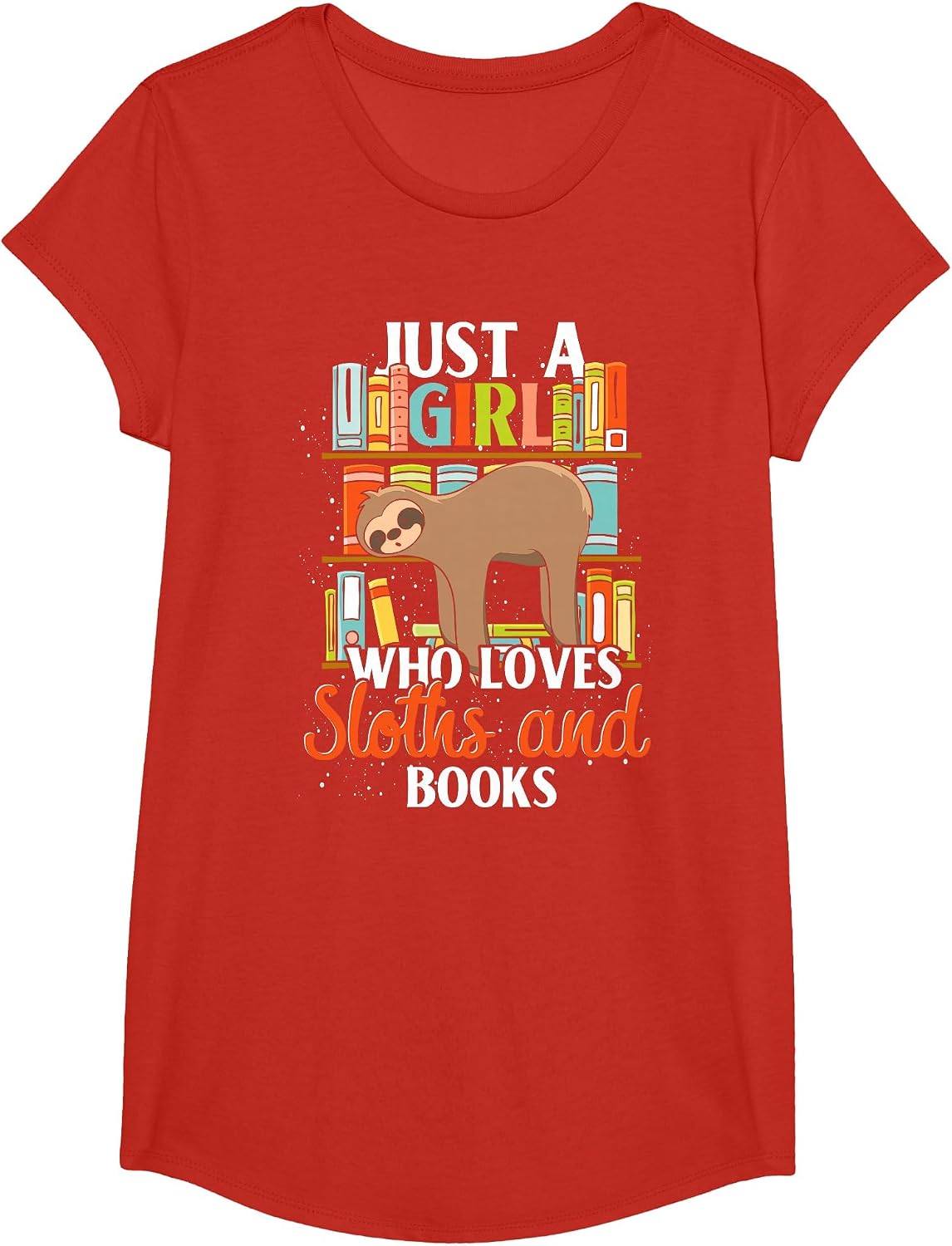 Tropical Zoo Animal Books Reading Sleeping Sloth Girl T-Shirt - Girls Red