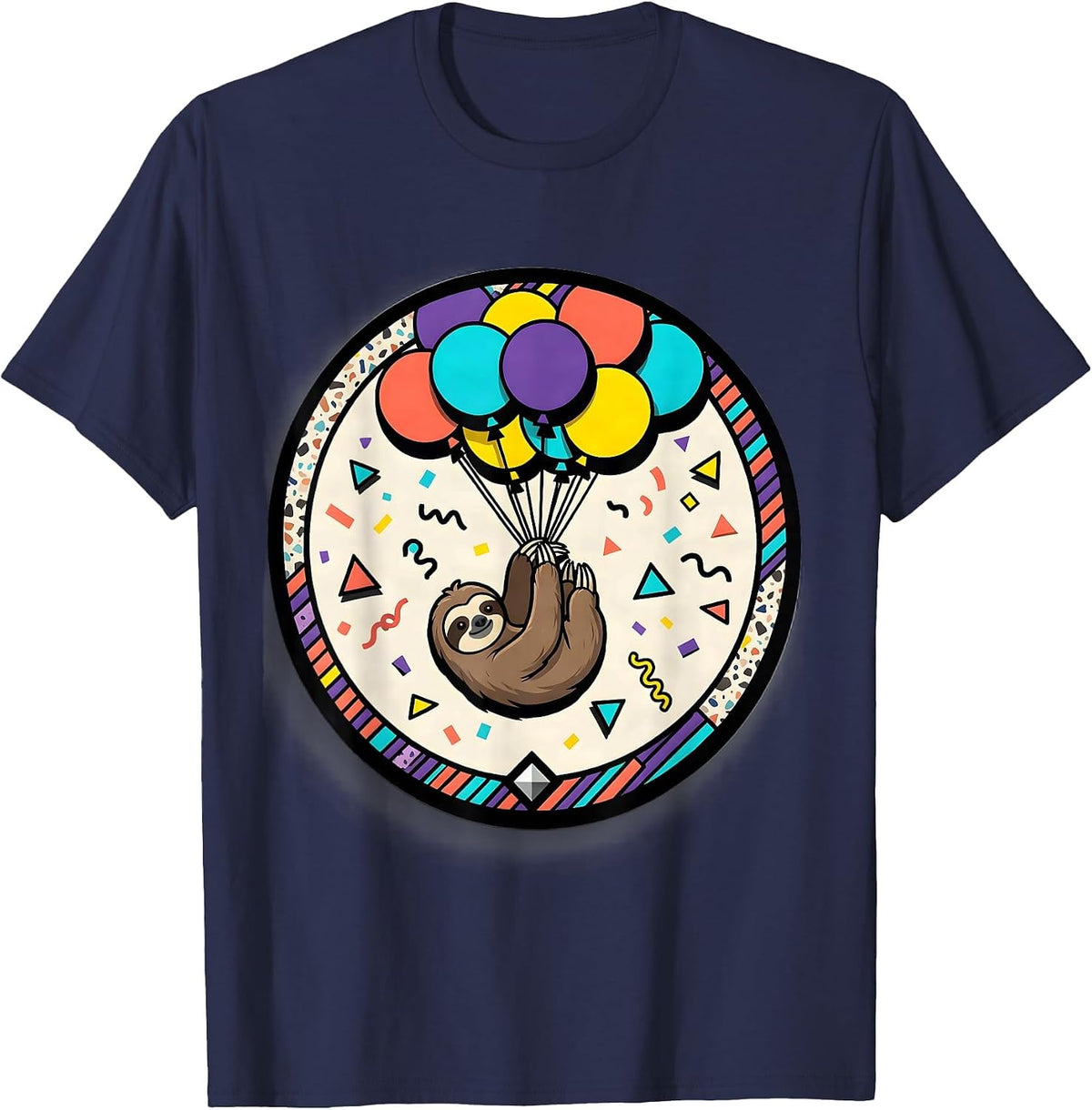 Men's Birthday Sloth Floating on Balloon Strings T-Shirt - Navy Blue
