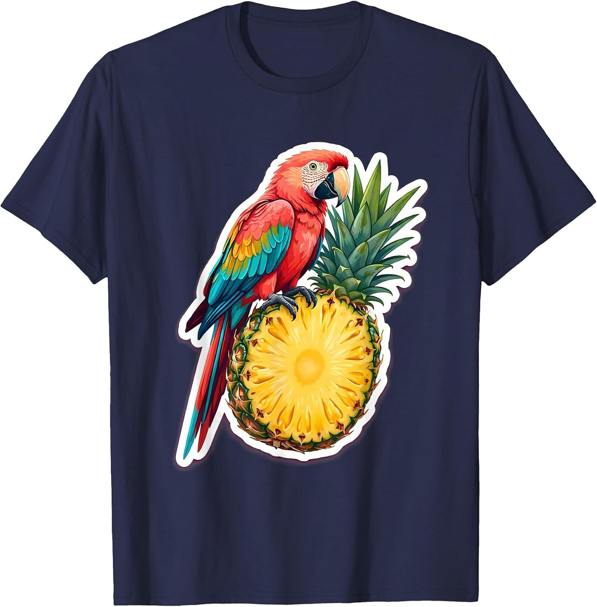 Tropical Parrot on Pineapple Hawaiian Graphic T-Shirt - Navy Blue
