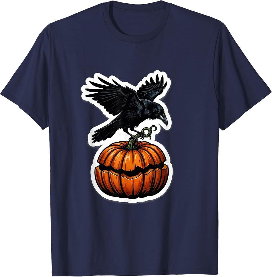 Crow Perched on Pumpkin Patch Fall Design T-Shirt - Navy Blue