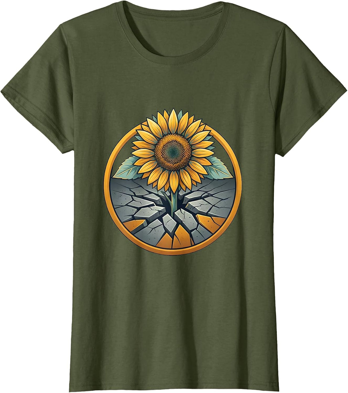 Women's Neurodiversity Sunflower Through Cracked Concrete T-Shirt - Olive Green