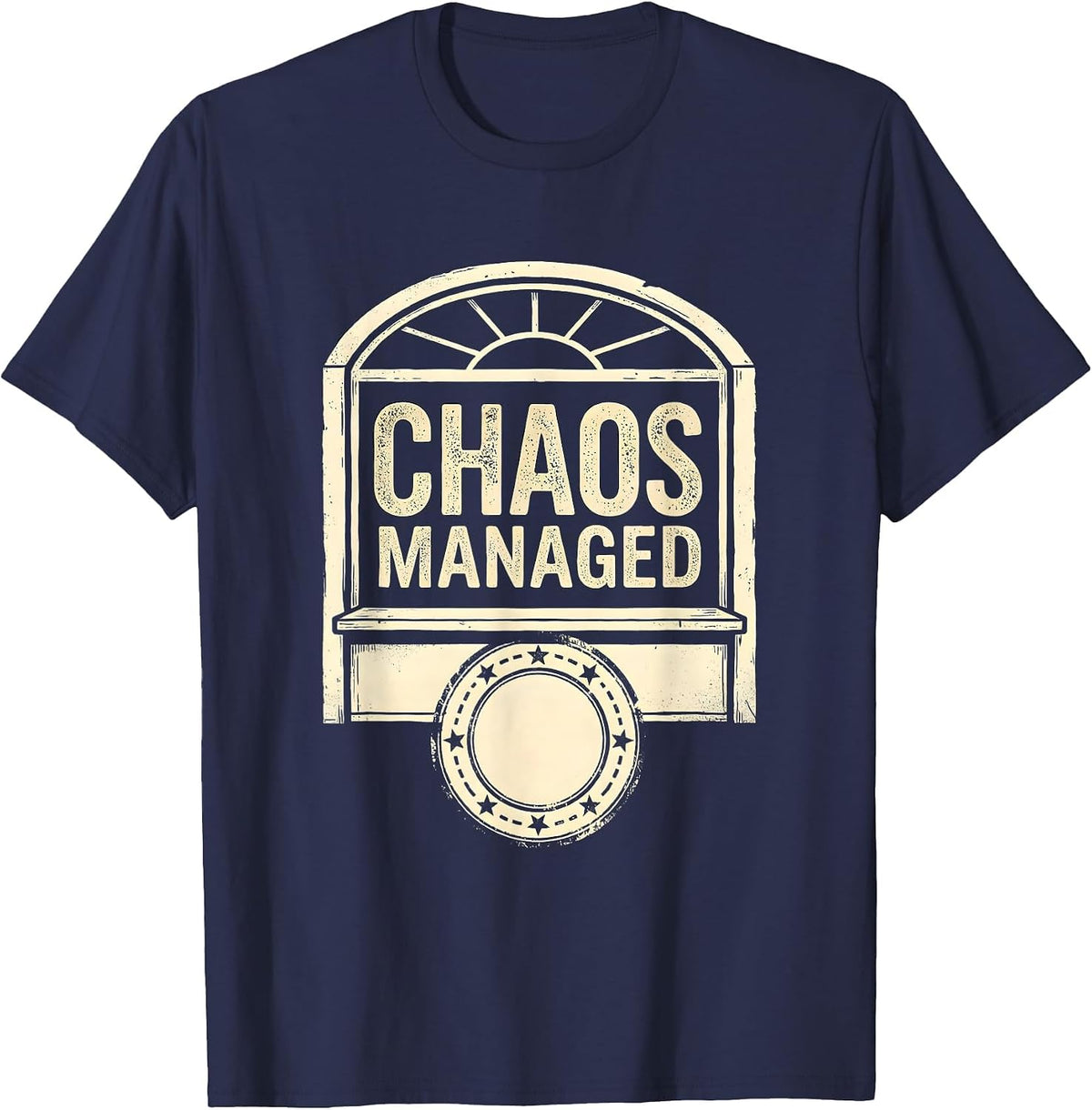 CHAOS MANAGED Rubber Stamp Circus Crew Carnival Staff T-Shirt - Navy Blue