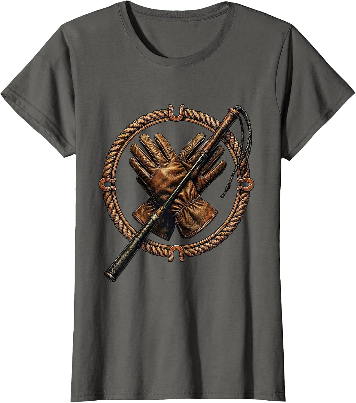 Women's Riding Gloves and Crop Horse Girl Graphic T-Shirt - Asphalt Grey