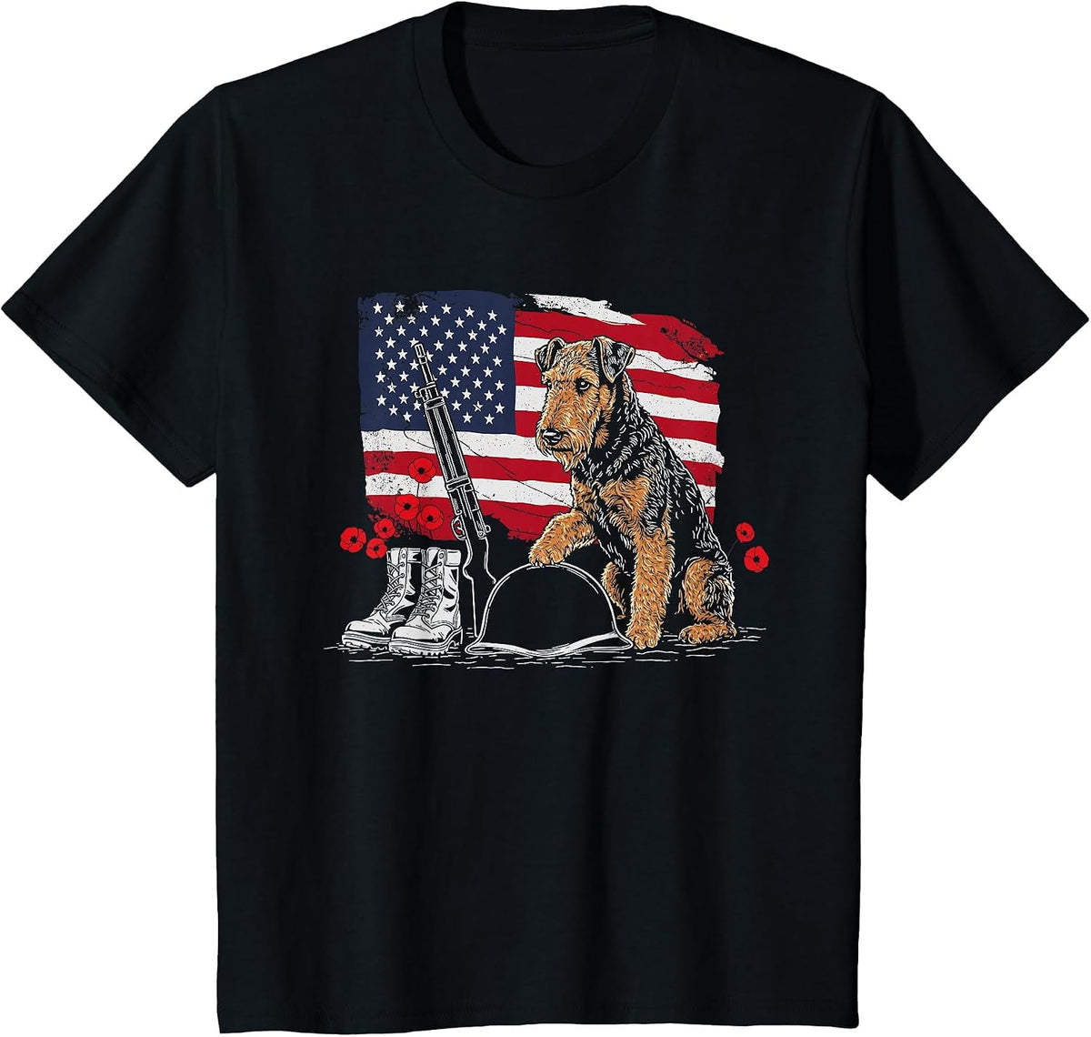 Airedale Terrier American USA Flag Memorial Day 4th of July T-Shirt - Black