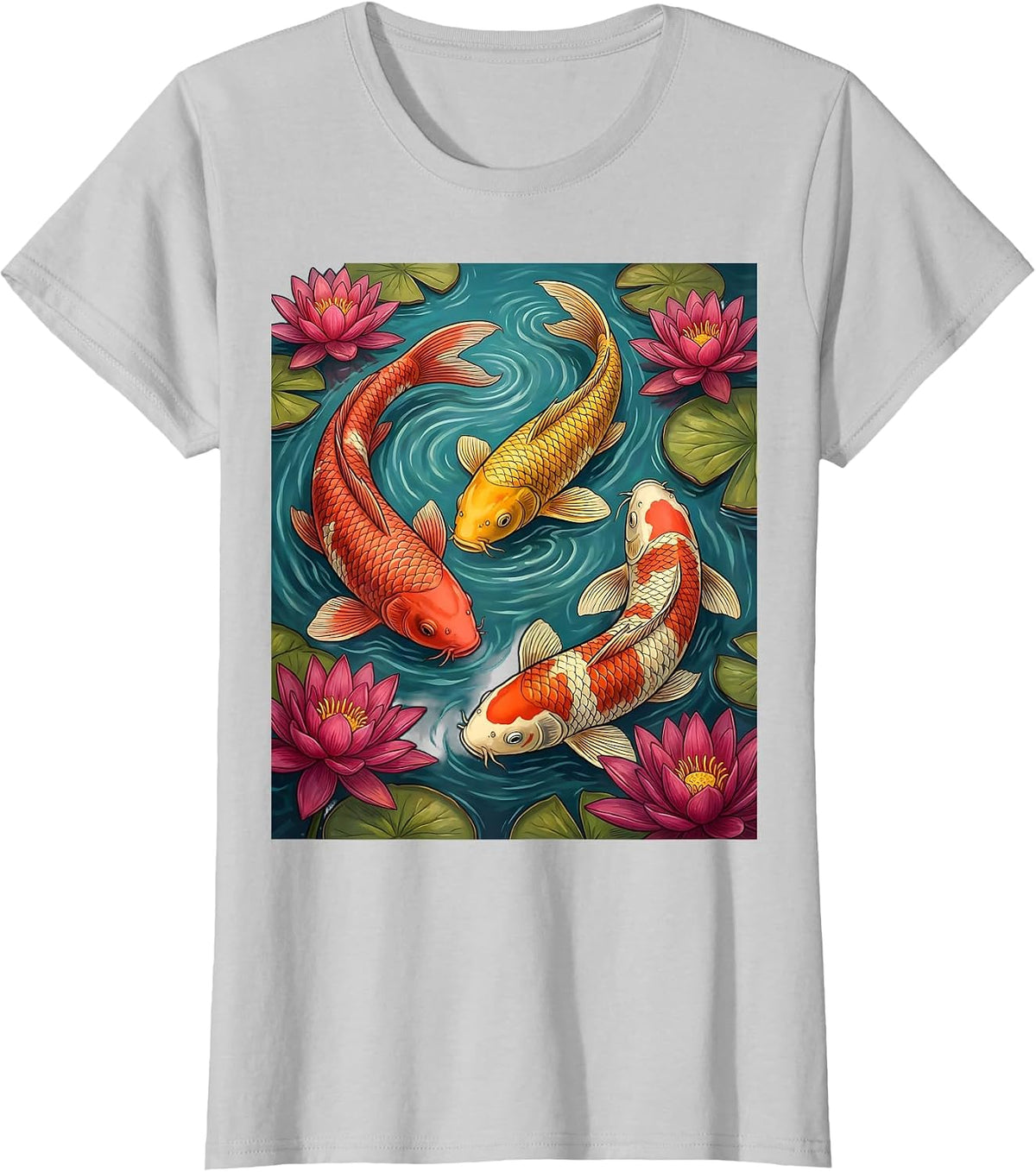 Colorful Koi Fish Lily Pond Hawaiian Design T-Shirt - Silver Grey