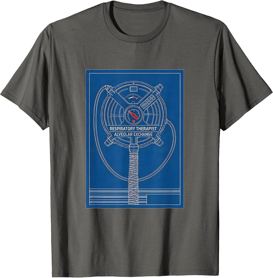 Respiratory Therapist Alveolar Exchange Technical Blueprint T-Shirt - Asphalt Grey