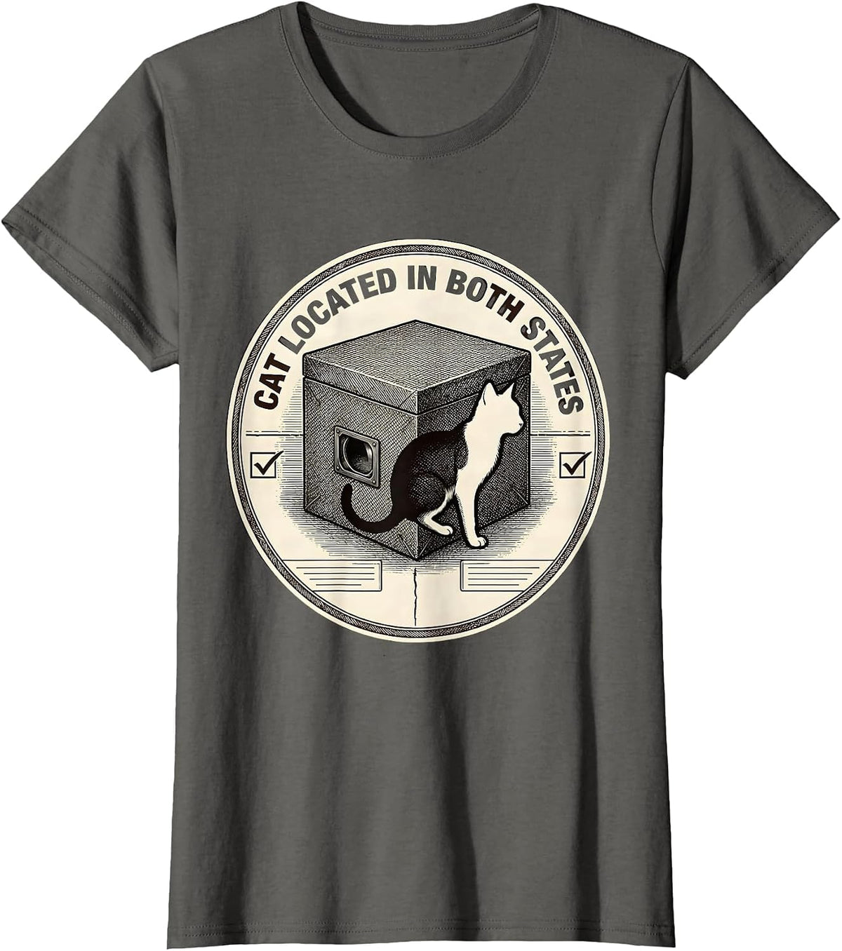 Women's Cat Located In Both States Quantum Physics Humor T-Shirt - Asphalt Grey