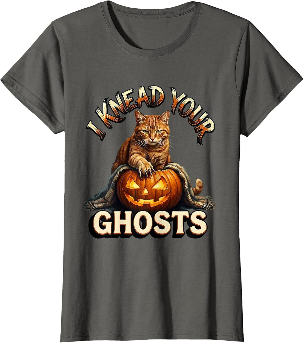 Women's I Knead Your Ghosts Cute Halloween Cat Pumpkin Sign Painter T-Shirt - Asphalt Grey