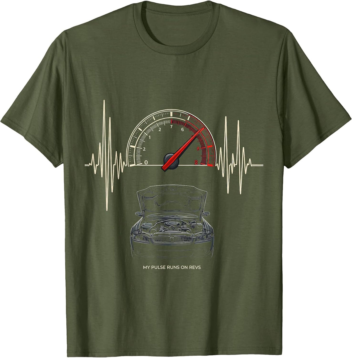 Men's My Pulse Runs On Revs Funny Car Guy Auto Mechanic Humor T-Shirt - Olive Green