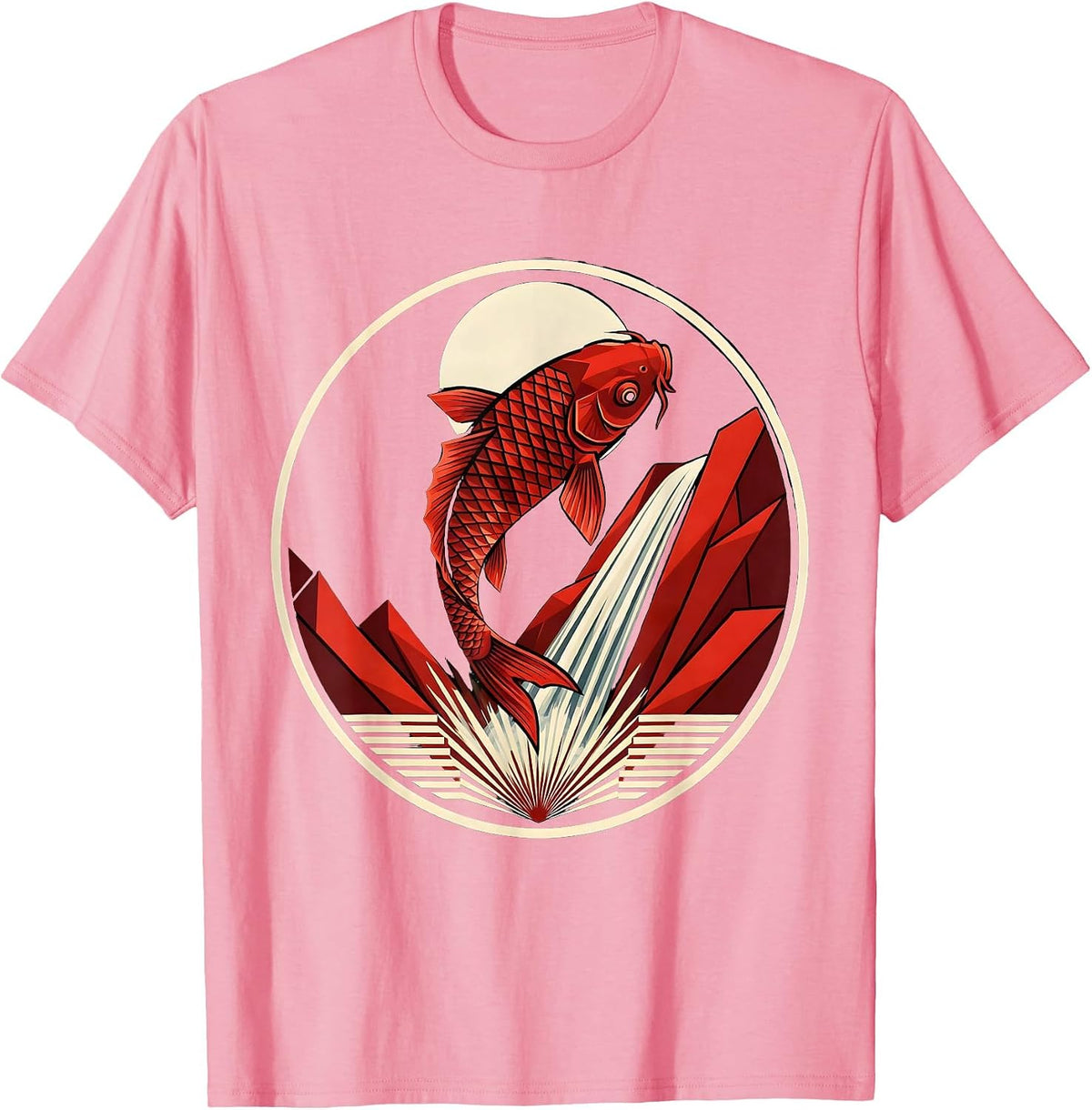 Men's Red Koi Fish Leaping Waterfall Freedom Design T-Shirt - Pink