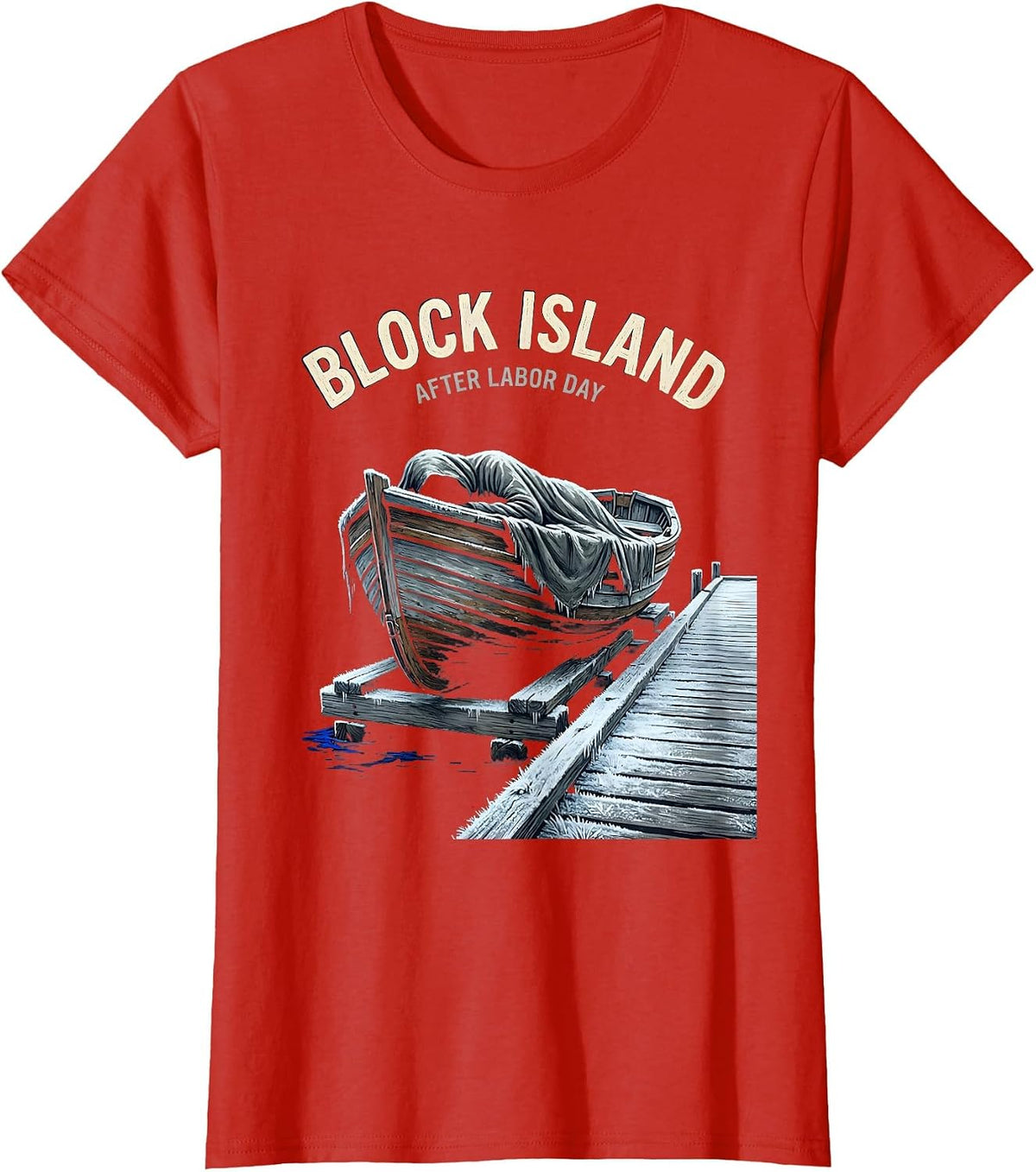 Women's Block Island After Labor Day Vintage Crossed Oars & Boat T-Shirt - Red