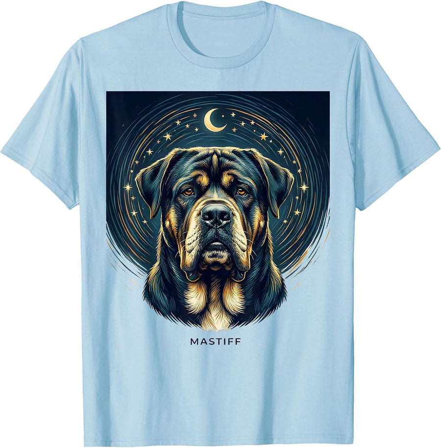 Men's MASTIFF Van Gogh Style Starry Night Dog Breed Portrait T-Shirt - Baby Blue
