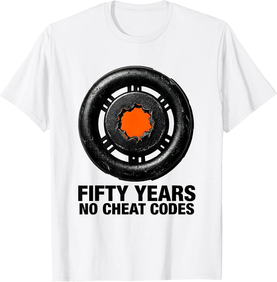 Men's Fifty Years, No Cheat Codes Funny Gamer Milestone Birthday T-Shirt - White