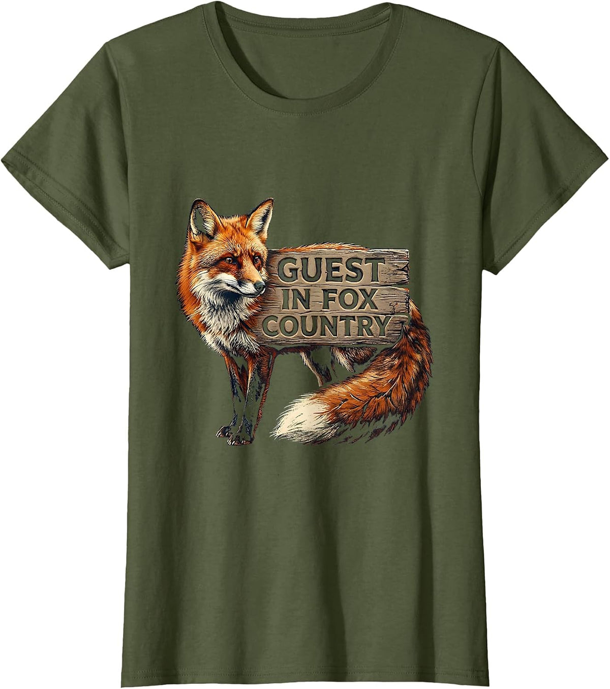 Women's Guest In Fox Country Rubber Stamp Nature Lover Forest T-Shirt - Olive Green