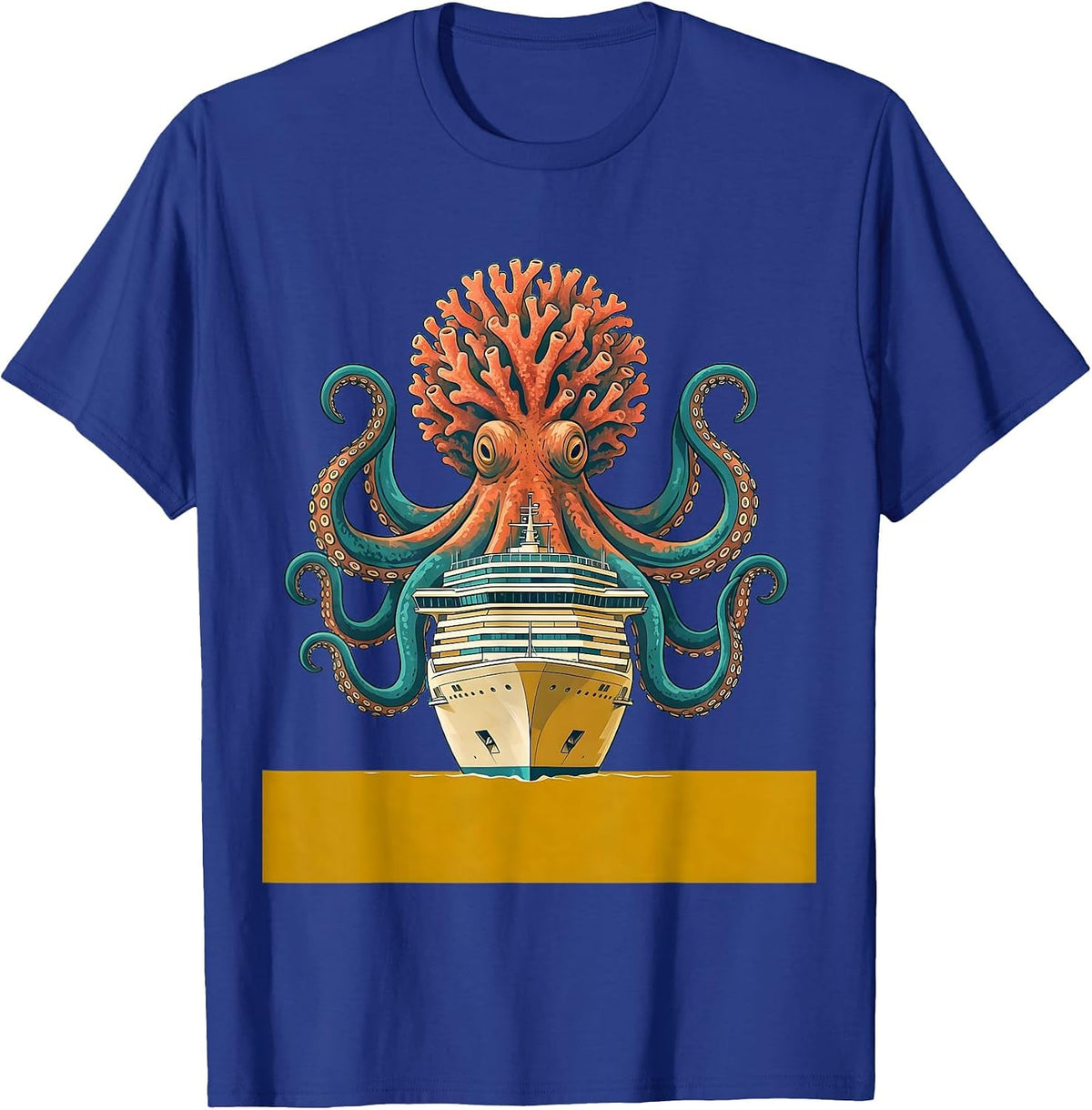 Men's Giant Octopus Attacking Cruise Ship Illustration T-Shirt - Royal Blue
