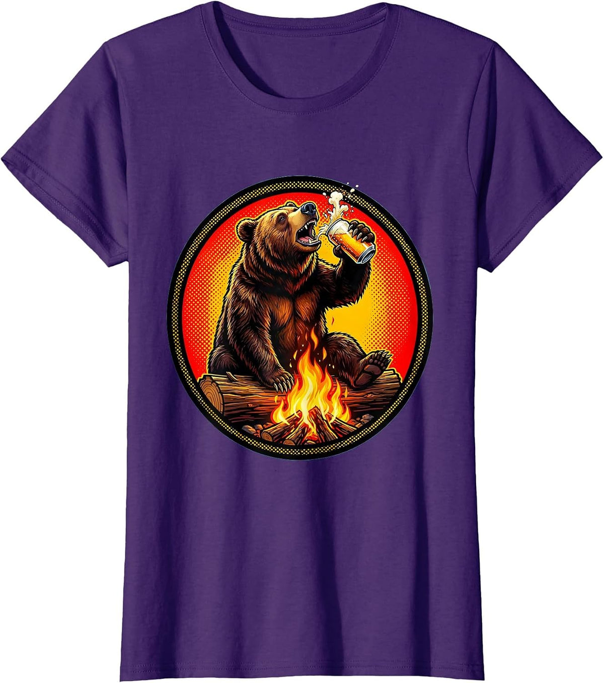 Women's Funny Bear Chugging Beer Campfire Graphic T-Shirt - Purple