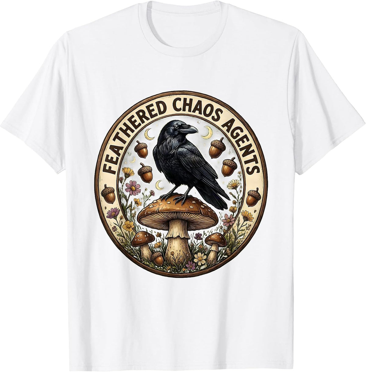 Men's Feathered Chaos Agents Caw Crow Design T-Shirt - White