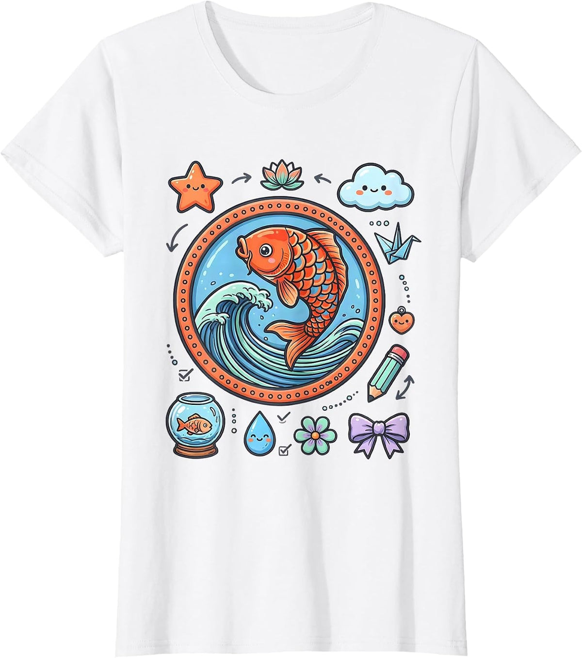 Women's Koi Fish Leaping Wave Anime Art Design T-Shirt - White
