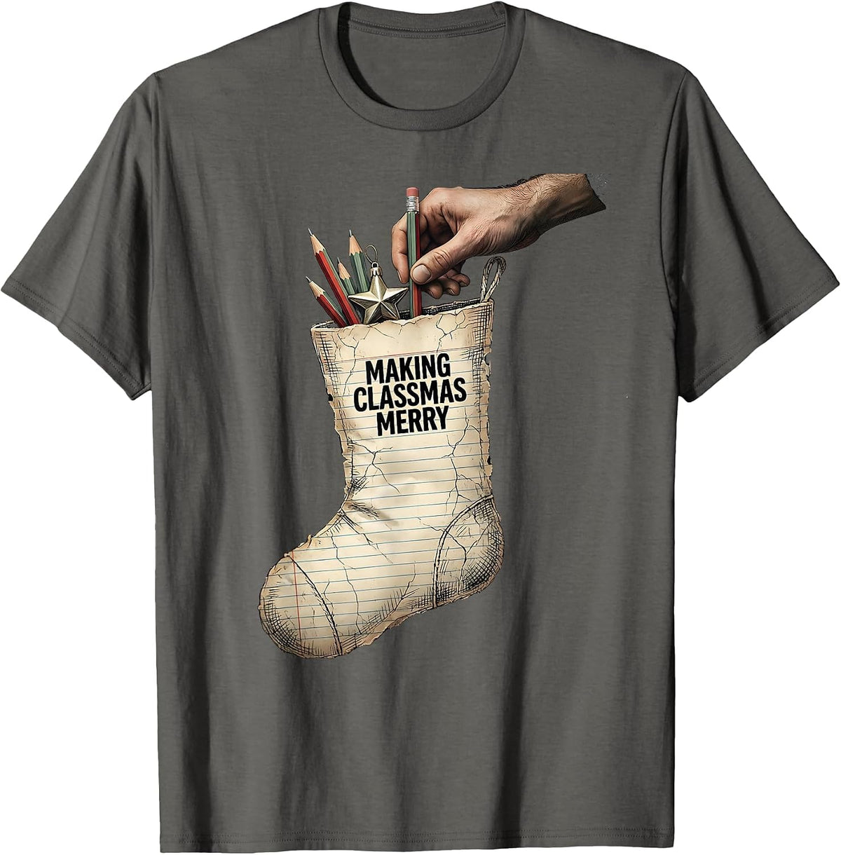 Men's Making Classmas Merry Distressed Teacher Christmas Classroom T-Shirt - Asphalt Grey