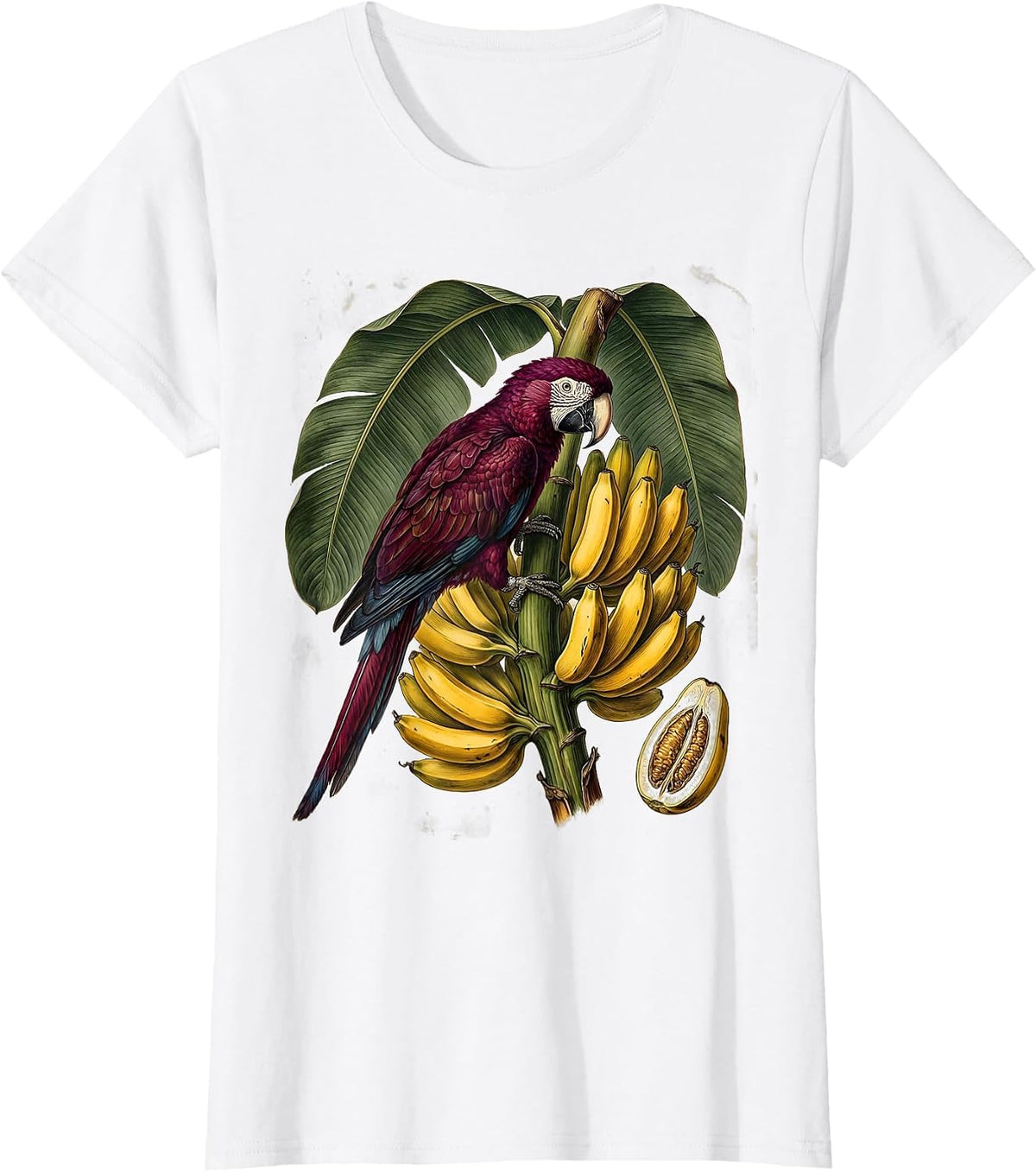 Tropical Parrot on Banana Bunch Illustration T-Shirt - White
