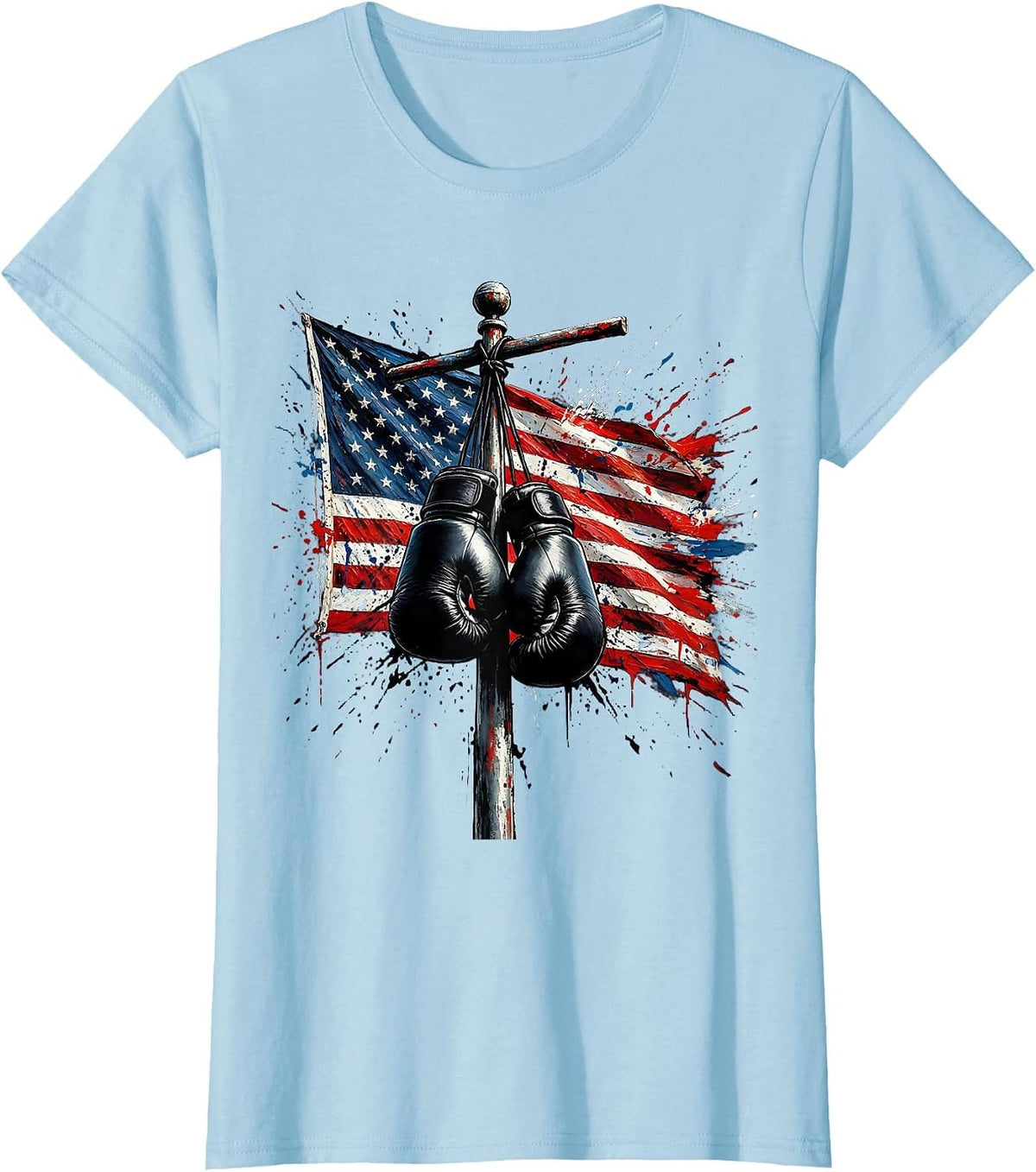 Women's Boys Red White Blue Boxing Gloves Flagpole T-Shirt - Baby Blue