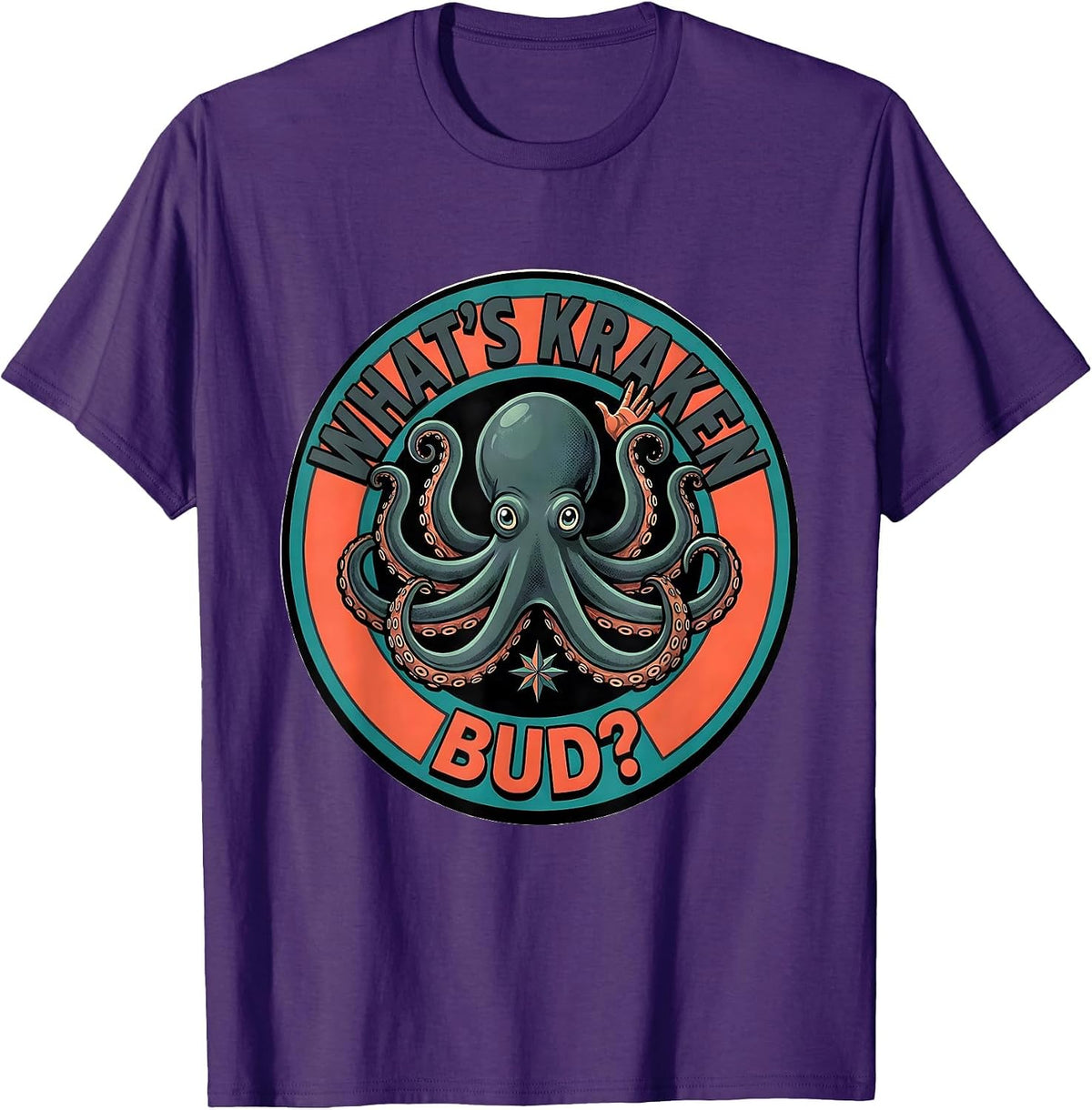 Men's What's Kraken, Bud? Midcentury Modern Octopus Lover Humor T-Shirt - Purple