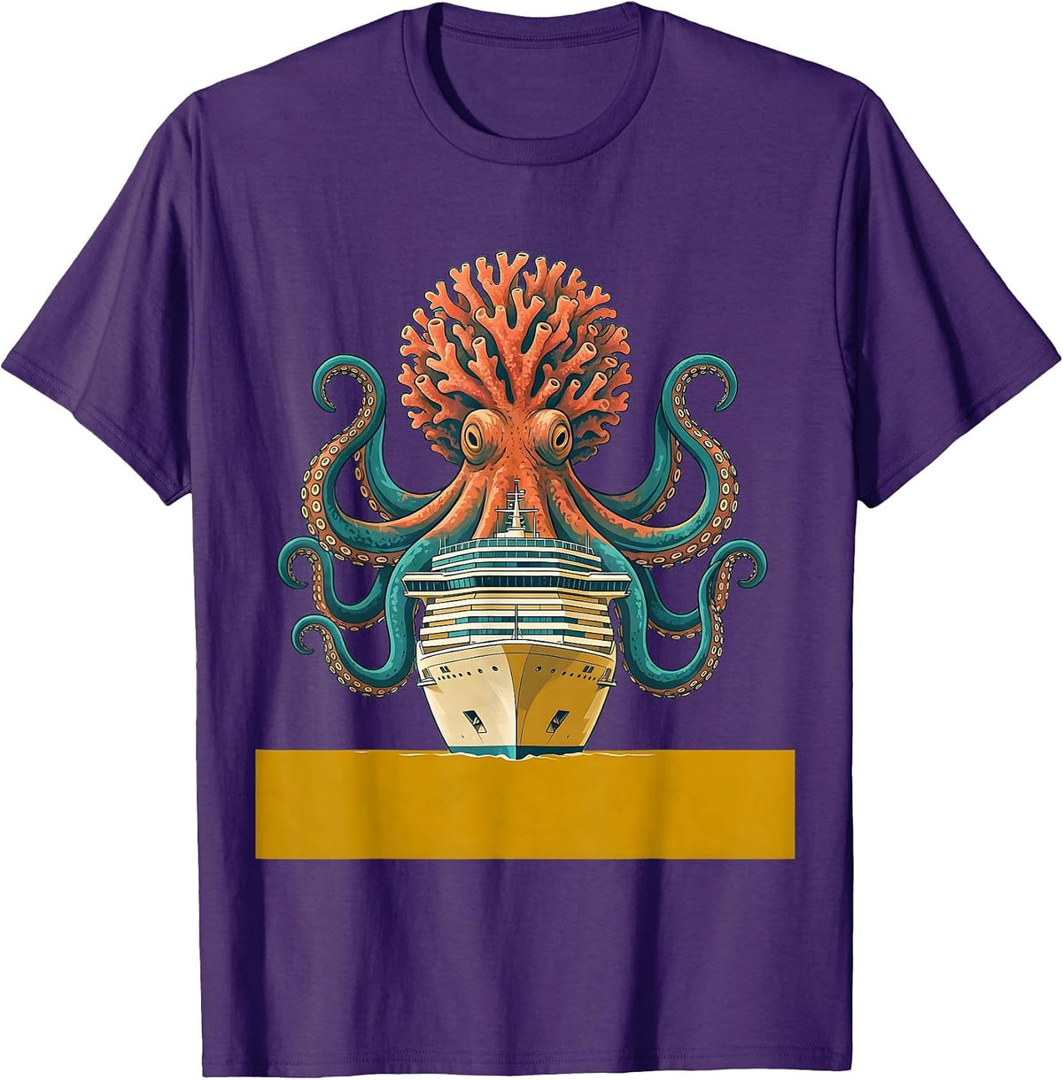 Men's Giant Octopus Attacking Cruise Ship Illustration T-Shirt - Purple
