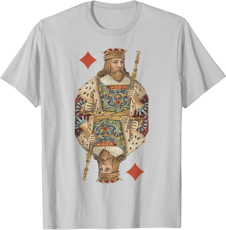King of Diamonds Antique Art Nouveau Playing Card Art T-Shirt, Men, Silver Grey, 3X-Large - As Pictured