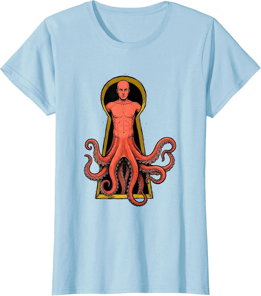 Women's Octopus Human Hybrid Vintage Marine Life Enthusiast T-Shirt - Baby Blue