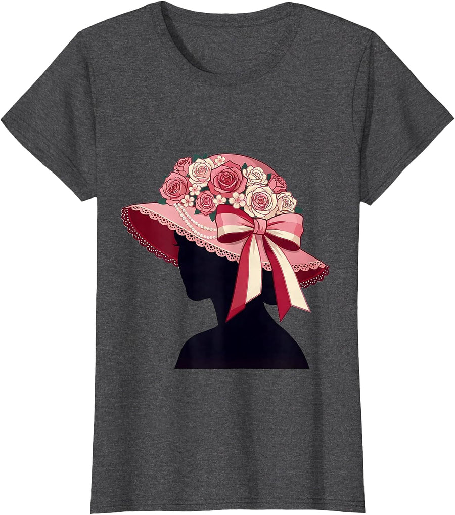 Women's Gigi Elegant Floral Wide-Brim Hat Illustration T-Shirt - Dark Heather Grey