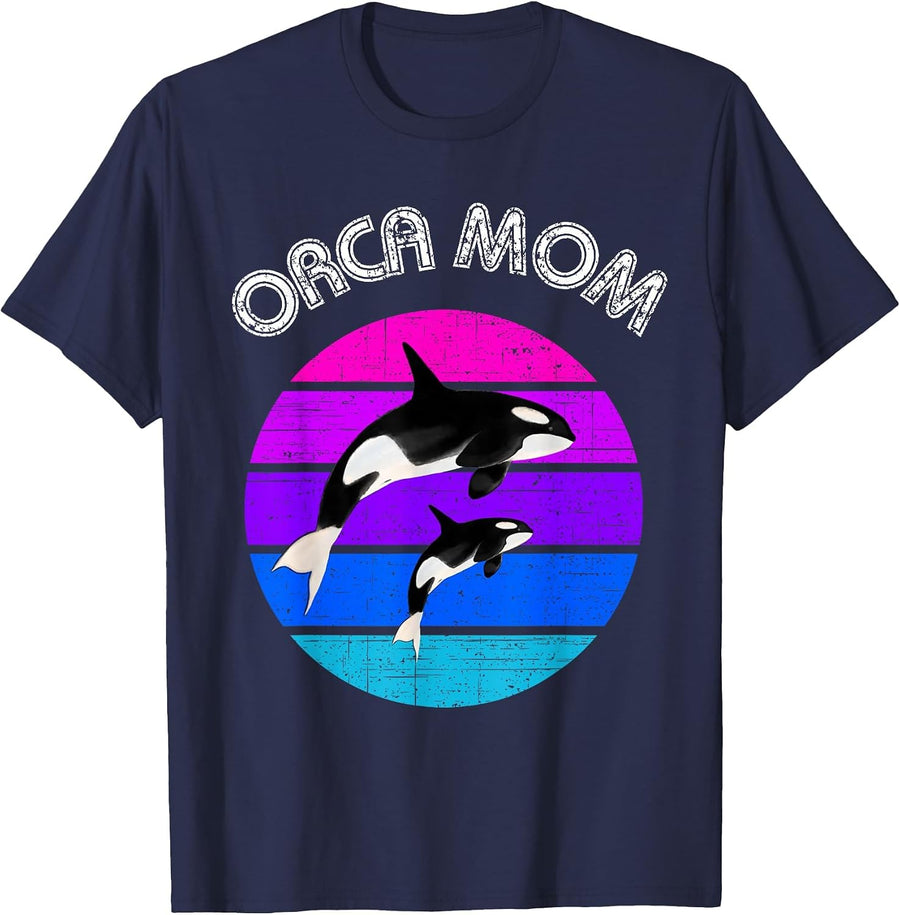 80s Orca Mom Retro Vintage Sunset T-Shirt - Navy Blue