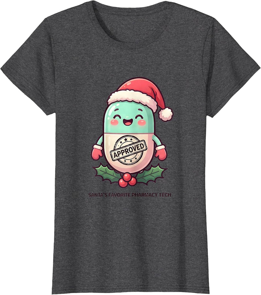 Women's Santa's Favorite Pharmacy Tech Cute Kawaii Christmas T-Shirt - Dark Heather Grey