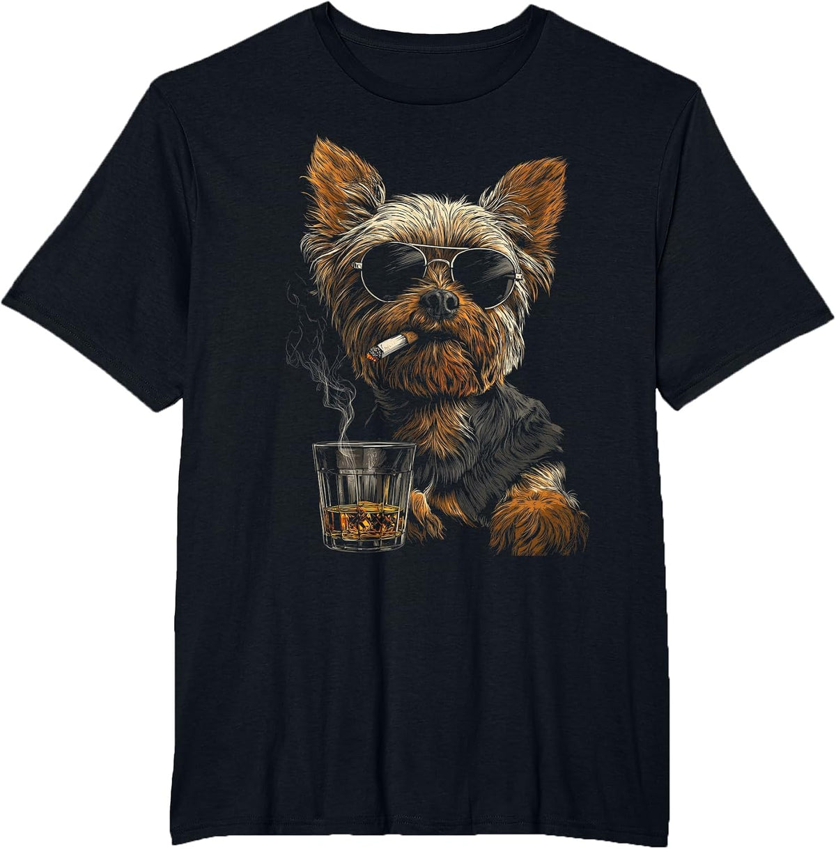 Yorkshire Terrier Smoking Cigarette Whisky Lover Funny Dog T-Shirt - Black